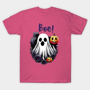 Cute Boo Halloween Ghost with Pumkins and Roses T-Shirt